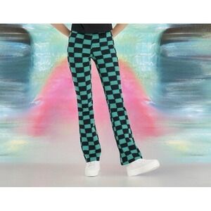 Checkered Wide Leg Graphic Pants Green Size Small Flair Zoe & Liv NWT